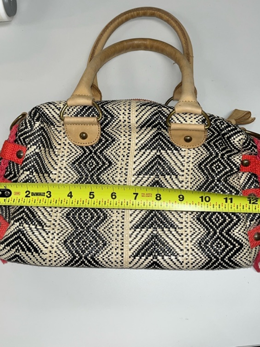 Miss Albright Speciality Woven Chevron Satchel Handbag in Black, Cream & Red - Picture 14 of 16